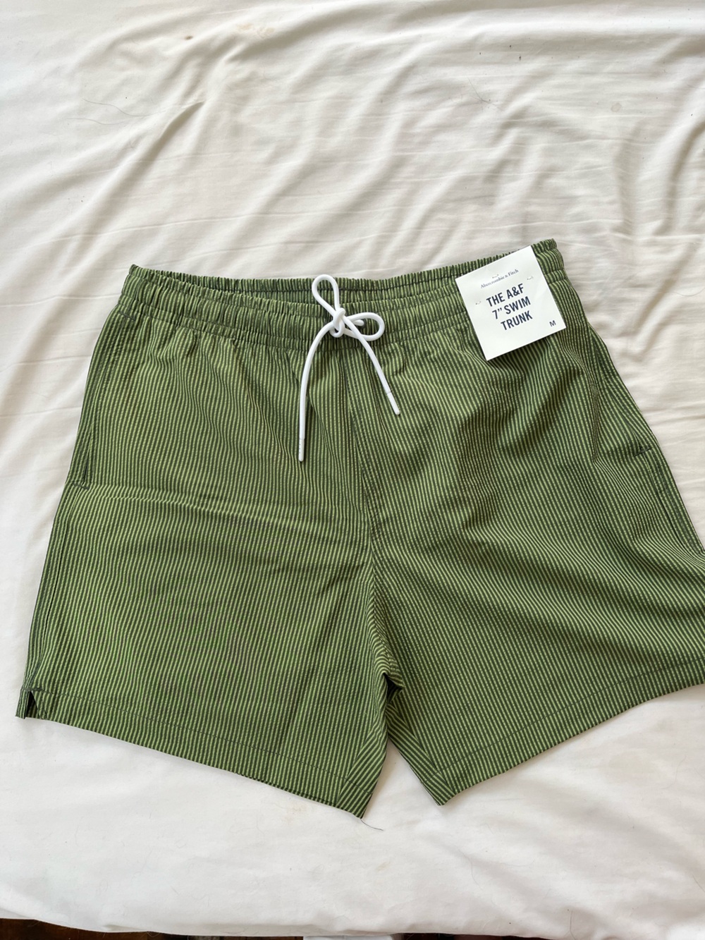 Abercrombie & Fitch Olive Green and White Striped Swim Trunk